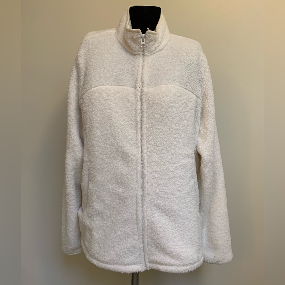 Lands End Cream Ivory Off White Shaggy Teddy Bear Fleece Full Zip Large 14-16